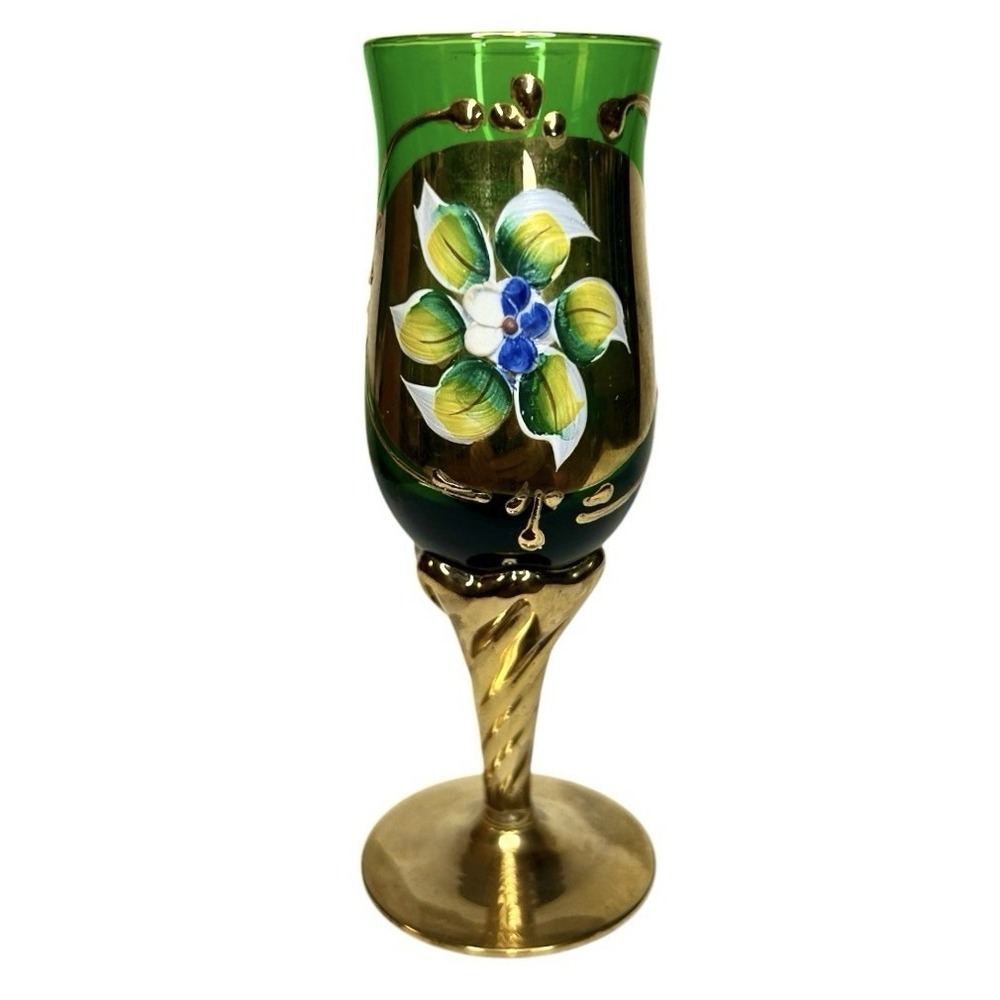 Vintage Green Tre Fuochi Murano Cordial Glass 2 oz Gold Gilt Twist Stem Floral